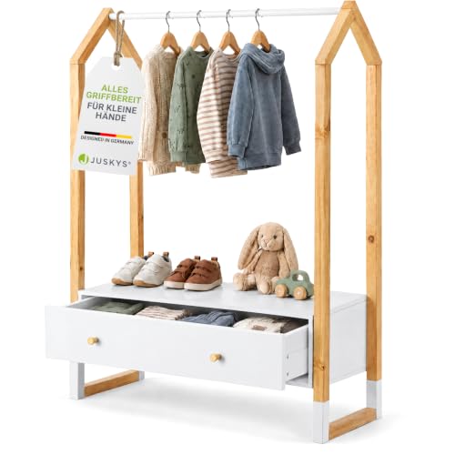 Juskys Kinder Kleiderständer Filla - große Schublade, Kleiderstange, offener Ständer - Kindergarderobe aus Holz - Mädchen & Jungs - Garderobe Weiß