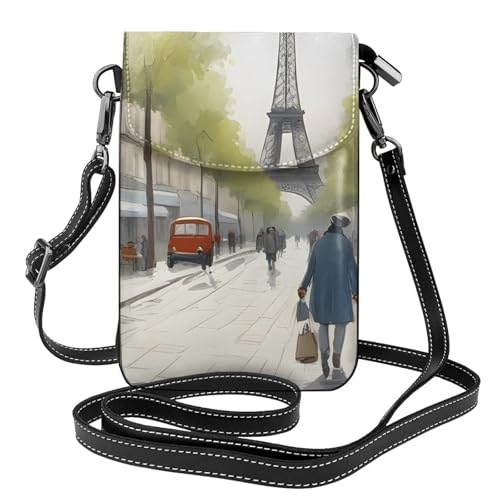 Bolso pequeño para teléfono celular de 7.6 x 4.9 pulgadas, escena callejera de YYHHAOFA París, imagen de la Torre Eiffel, moderna, práctica, multifuncional, funda cruzada de cuero con solapa para