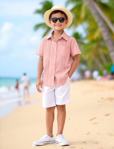 Image of Boys Guayabera Shirt Short Sleeve Button Down Casual Linen Shirt with Pockets for Summer Hawaiian Holiday 4-13Y