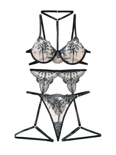 Image of Lilosy Sexy Choker Floral Lace Scallop Sheer Underwire Push Up Garter Belt Lingerie Set 3 Piece