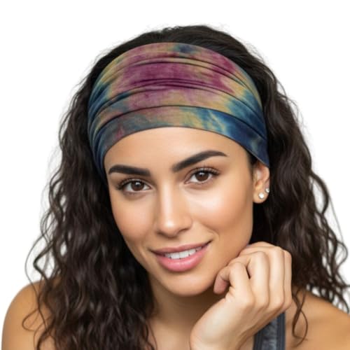 Image of XFYT Pack of 3 Tie-Dye Boho Chic Sports Hair Bands Performance Meets Fashion | Sweat Absorbent Soft Wide Head Bandana Girls Women Hairband for Yoga, Workout, Gym (Boho, Pack of 3)