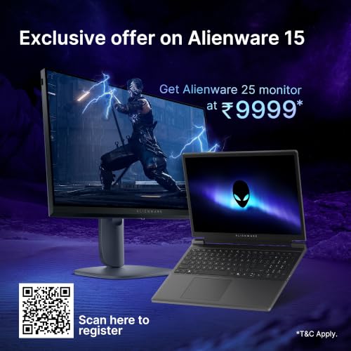 Image of Dell Alienware 15 Gaming Laptop, AMD Ryzen R5 220 Processor, NVIDIA GeForce RTX 4050 6GB, 16GB RAM, 512GB SSD, 15.3 inch WUXGA 300 nits Display, Alienware Backlit Keyboard, Win 11 + Office H&S'24, 2.25kg