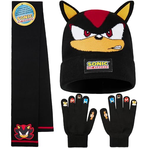 Sonic The Hedgehog Ensemble Bonnet Echarpe Gant Garçon, 3 Pièces, Maille Douce, Cosy Accessoires Hiver, idee Cadeau Gamer (Noir Shadow 3 Pcs)