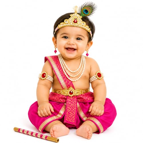 Image of ITSMYCOSTUME Krishna Dress for Baby Boy Kids Set of 10(Dhoti,Patka,Hip Cover,Mukut,Morpankh,Bansuri,Kamarband,Bajuband,Kundal) Little Krishna Ji Kanha Janmasthmi Costume for Kids