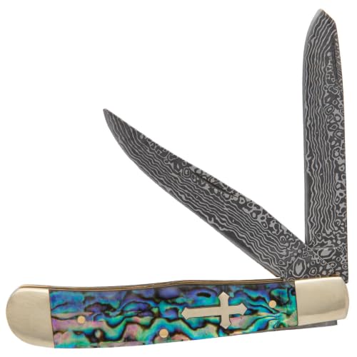 BUDK Cross Of Faith Faux Damascus Pocket Knife | Dual 3 1/4 Inch Blades |