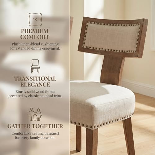 Image of HNY Mid Century Modern Dining Chairs Set of 2, Farmhouse Linen Fabric Upholstered Accent Chairs Curved Nailhead Trim Backrest Kitchen Chairs, with Hardwood Frame, Beige
