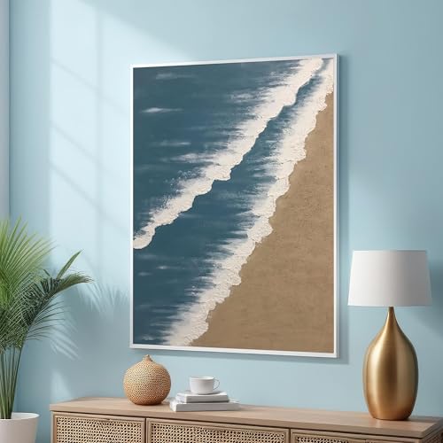 Tableau texturé sur toile mer haut de gamme - Peinture paysage marin vagues beige turquoise