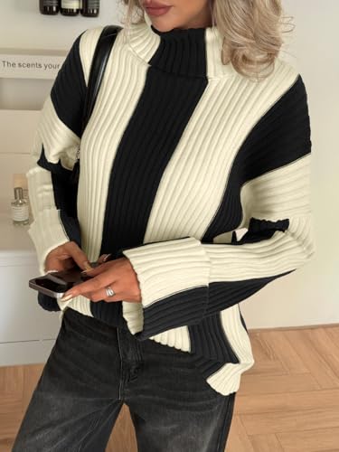 Saodimallsu Womens Turtleneck Sweater Color Block Striped Oversized Sweaters Winter Casual Trendy Pullover Tops3