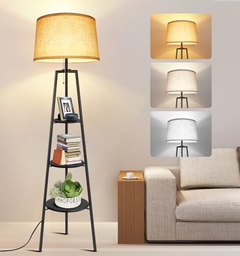 OUTON - Lampada a Stelo a Treppiede con Ripiano, a LED, per Soggiorno, con 3 Temperature di Colore, Funzione di Memoria, Paralume, per Soggiorno, Camera da Letto, Ufficio (Nero)