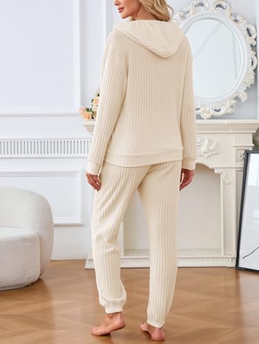 Image of Famulily 2 Pieces Ribbed Knit Outfits Drawstring Hoodies Jogger Pants Matching Pajama Sets with Pockets