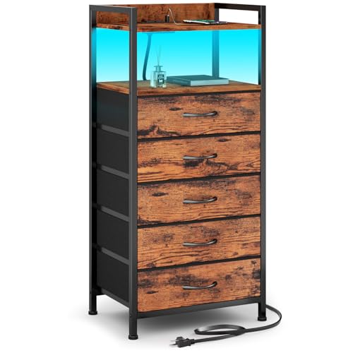 Furnulem 5 Drawer Dresser for Bedroom, Tall Nightstand with Led