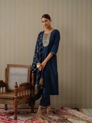Image of Kaari Women's Embroidered Kurta Set with Pant & Dupatta | Ethnic Kurta Set for Women | Straight Fit | Round Neck | Festive, Wedding, Ceremony