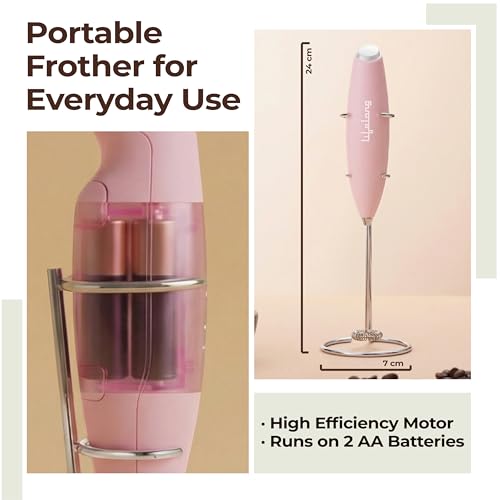 Image of Lifelong Handheld Milk & Coffee Frother with Stand | 2AA Battery-Operated, Stainless-Steel Whisk | Foamer for Coffee, Cream, Matcha, Egg Beater | Portable Kitchen Appliance for Whipping & Mixing(Pink)