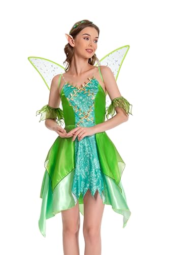 Adult Women Green Fairy Princess Dress with Wings, Headpiece & Elf Ears - Halloween Costume (S)
