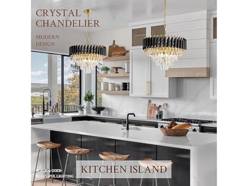 Image of Modern 4-Tiers Crystal Pendant Light Black Gold Round Ceiling Light Fixture (Antique, 500mm), 3 Colors Led Plate Included Warm White, Natural Light, Chandelier Light (L-50*B-50*H-75 Cm) A