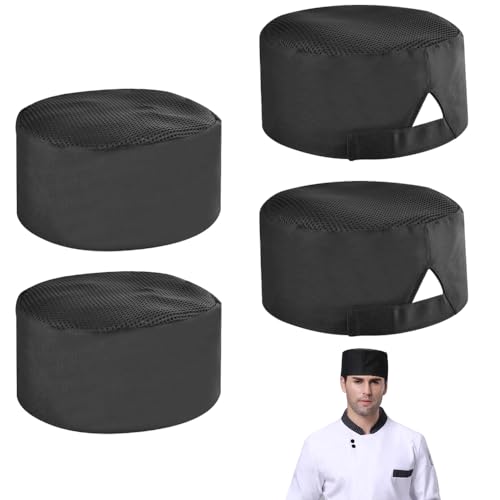 ADERTOS Professional Chef Hats - 4 PCS Adjustable Cooking Cap with Breathable Mesh Top, Flat Top Beanie, Unisex Hair Cover for Bakers, Kitchen, Restaurant Staff (Black)