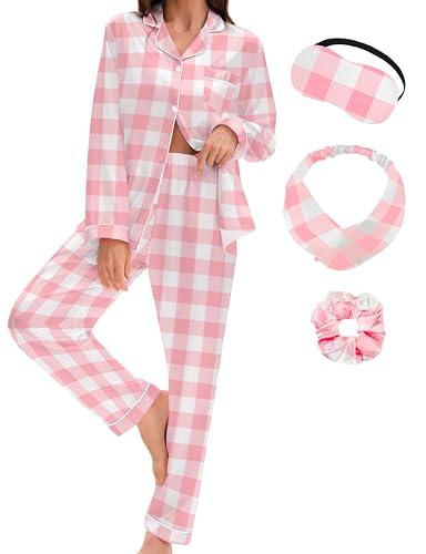 EPLAZA Silk Pajamas for Women Satin Pajamas Set 2 Pcs Long Sleeve Pjs Set (Pink White Plaid, L)