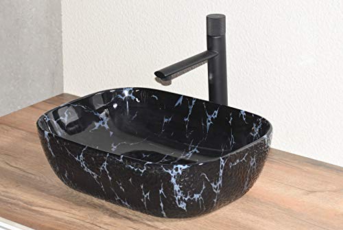 Image of InArt Ceramic Wash Basin /Vessel Sink /Over or Above Counter Top Wash Basin for Bathroom Rectangle Shape Black Marble Color 18 x 13 x 5.5 Inch