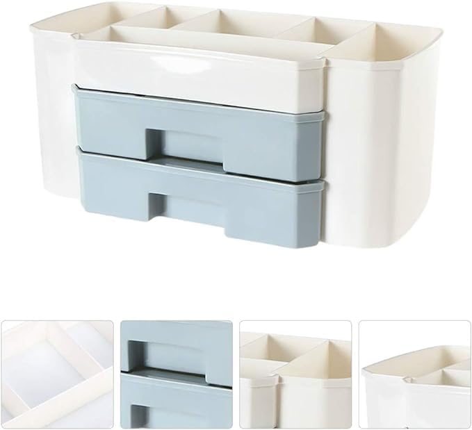Image of Dual Drawer Cosmetic Organizer Box Vanity Brush Holder for Lipstick & Skincare - Multi-Compartment Plastic Makeup Storage Box Desk Organizer for Office, home& Beauty Salon (GRAY)