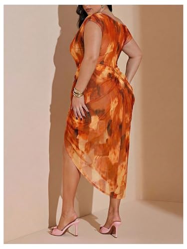 Image of Floerns Women's Plus Size Asymmetrical Neck Long Dress Ruched Slit Hem Cocktail Dress