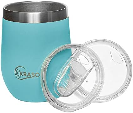 12oz Kraso Wine Tumbler  Premium Stainless Steel Wine Glasses  Vacuum Insulated Wine Glass Tumbler  Leak-Proof Lid  Tumbler Glasses for Wine, Coffee, Cold and Hot Drinks  340ml (Turquoise)