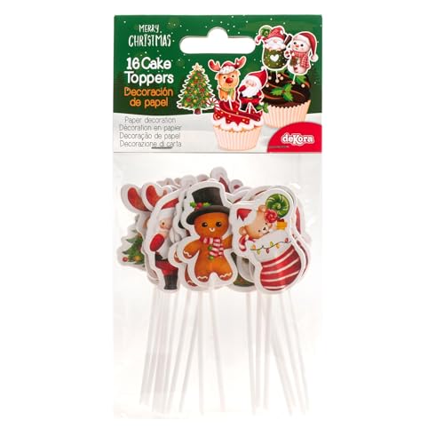 dekora - Pinchos de Navidad en 8 Modelos - Toppers para Decorar Cupcakes, Muffins, Tartas y Otros Dulces - Decoración para Repostería de Navidad Apta para Contacto Alimentario - 16 Unidades