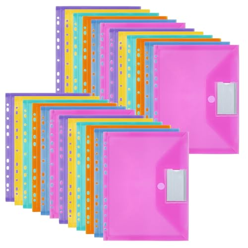 MOWETOO 24 Stück Dokumententasche A4, Dokumentenmappe A4 zum Abheften, Dokumententaschen mit 11 Lochrand Klettverschluss und Etikettentasche, Sammelmappen für Dokumente Organisieren (6 Farben)