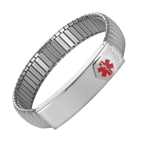 Stainless Steel Elastic Medical Alert ID Bracelet Bangles for Men or Women(Put Details in Lift up Section Customized Medical Card+Strips Free) (19CM Width:13MM Silver)