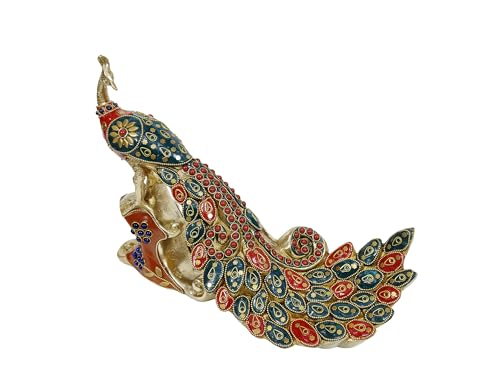 Image of Brass Vintage Peacock Figurine with Colorful Stonework 11.5-Inch - Traditional Indian Mayur Bird Statue, Majestic Tabletop Showpiece for Living Room