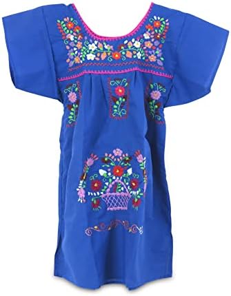 Ethnic Identity Embroidered Puebla Mexican Dress for Girls, Handmade Traditional Mexican Dress for Girls, Cotton Floral Girls Mexican Dress for Kids Aged 8, Royal Blue