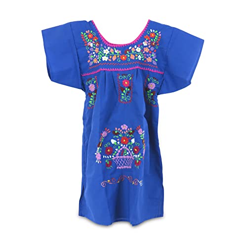 Ethnic Identity Embroidered Puebla Mexican Dress For Girls, Handmade Traditional Mexican Dress For Girls, Cotton Floral Girls Mexican Dress For Kids Aged 8, Royal Blue #TOP1