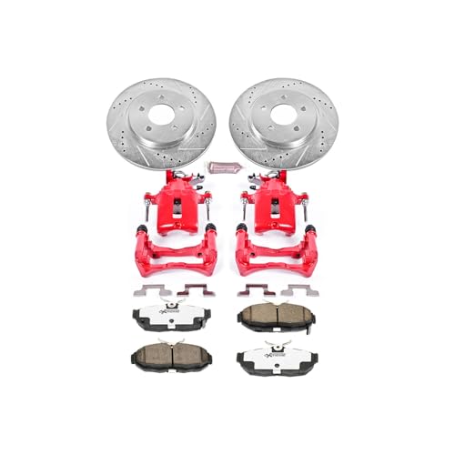 Image of PowerStop Front and Rear Brake & Caliper Kit for Ford Mustang 2011-14 - Drilled & Slotted Disc Rotors + Carbon-Fiber Ceramic Brake Pads + Red-Powder Coated Calipers, KC5450-26