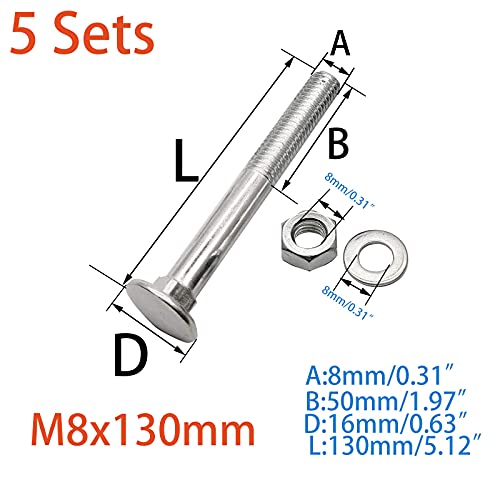 Image of 5 Sets Long Square-Neck Carriage Bolts Set,Carriage Bolts Set w /Nuts & Flat Washers,Zinc-Plated,Carbon Steel Grade 4.8,Plain Finish,Partial Threaded(M8-1.25X130mm)