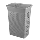 EDANTI Wäschekorb Mit Deckel Rattan Wäscheaufbewahrung Wäschebox Kunststoff Wäsche Sortierer Mit 2 Griffen Wäschesammler (Grau, 55L)