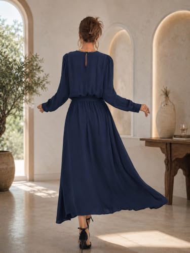 Image of LITZO Women's One Piece Dress - Georgette Solid Color Western Gown | Long Sleeve Round Neck Fit & Flare Flared Hem Design | A-Line Maxi Dress for Women | New Year Party Outfit (NO-14-16)