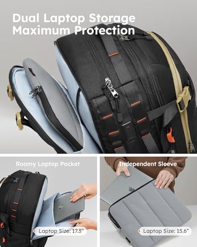 Tolaccea Carry on Travel Backpack, TSA Friendly Flight Approved Laptop Backpack Duffle Bag for Men Women with Dual Laptop Storage for 17.3", USB Charging Port, Business Rucksack 40L-50L Expandable4