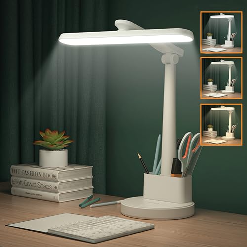 HOULIN-FIT Lampara LED Escritorio, Flexo LED Escritorio, Flexo Escritorio Estudiar Blanco con 3 Modos y Regulable Brillo, Cuidado Ocular Luz Escritorio para Leer Oficina con organizador de lapiz