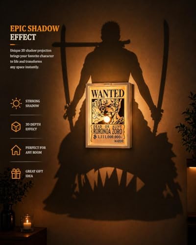 Image of Mini Roronoa Zoro Anime Shadow Lamp | One Piece Wanted Wall Light | LED Anime Wall Decor, Character Shadow Projection Lamp | Otaku Room Bedroom Decor