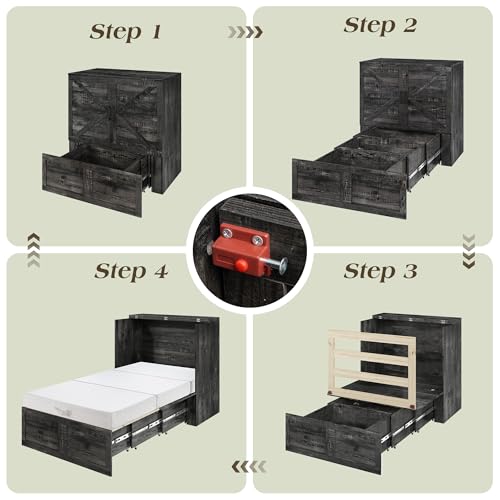 Image of LUXOAK Twin Murphy Bed with 6 inch White Tri-Fold Memory Foam Mattress, Storage Drawer & Charging Station, Space-Saving Design for Home Office or Guest Room, Black Oak