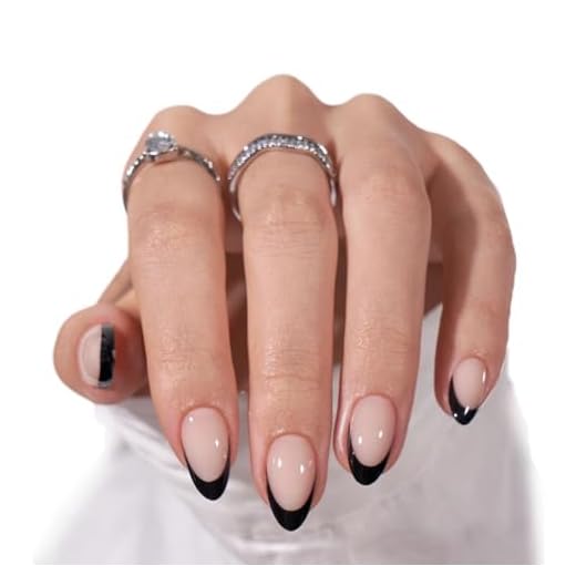 Press On Nails Almond - BTArtbox Soft Gel Black French Tip Press On Nails, Glue On Nails with Nail Glue, Supremely Fit & Natural Reusable Stick On Nails in 15 Sizes - 30 Fake Nails Kit, Black French