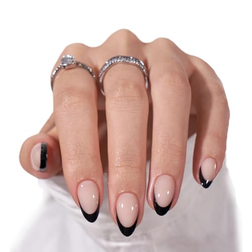 BTArtbox Press On Nails Short - Black French Almond Press On Nails with Glue and Adhesive Tabs for Women in 16 Sizes - 32 Soft Gel Glue On Nails Kit