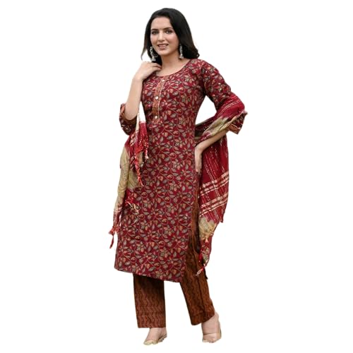 Image of LookMark Women's Embroidered Cotton Straight Kurta Set with Pants & Dupatta - Elevate Your Style with This Exquisite Ensemble