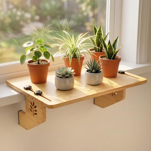 LEMIPENI Window Shelf for Plants, 17''x13'' Solid Wood Window Sill Extender, Renter Friendly No Damage - Window Plant Shelf, Holds Up to 30 LBS, Natural Pine Color
