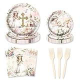 HEETON 80Pcs God Bless First Communion Party Supplies Plates Baptism Decorations for Girls Party Decorations for Pink Girl Baby Bday