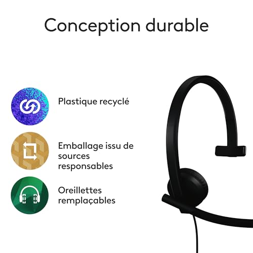 Logitech H570e, Casque USB avec Microphone pour PC et Mac, Casque Filaire USB-A avec Son Mono, micros Anti-Parasite et Commandes intégrées, certifié pour Microsoft Teams, Noir