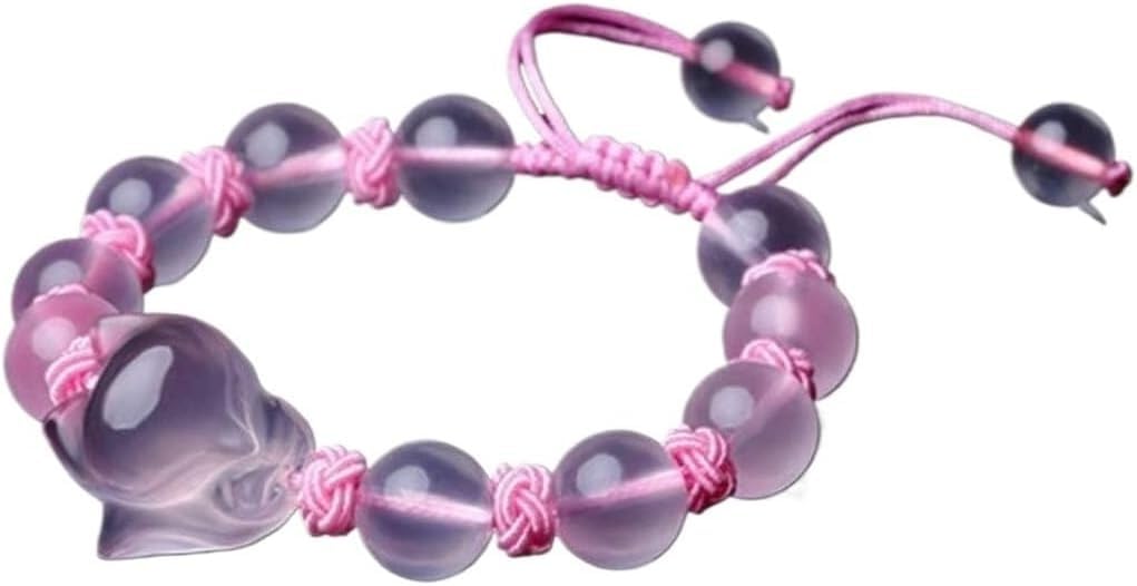 YNIYUJKL Beaded Bracelets Feng Shui Wealth Love Amulet Bracelet Pink Rose Fox Hand-Carved Talisman Stone