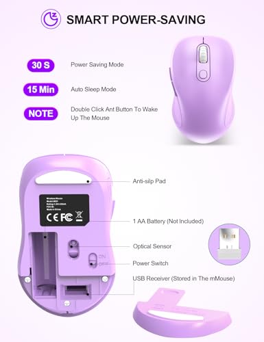 Image of Trueque Wireless Mouse for Laptop, Ergonomic 6-Button Mouse, Lavender | 2.4GHz USB receiver, back /forward buttons, 3 adjustable DPI levels, silent clicks, USB-C adapter, Windows /Mac /Chrome OS /Linux