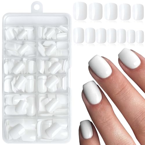 LuckForever 240pc White Press on Nails Short Square Fake Nails with Adhesive Tabs Short Acrylic Nails Press ons Nail White Glue on Nails Square False Artificial Fingernail for Women Girls Kids