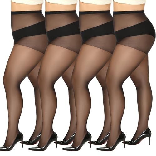 Image of MANZI Women's Plus Size Pantyhose 4 Pairs Sheer Nylon Tights