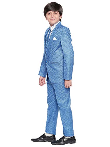 Image of Boys Blue Checked Coat Suit Set with Waistcoat Shirt and Trousers (9017ANJ)